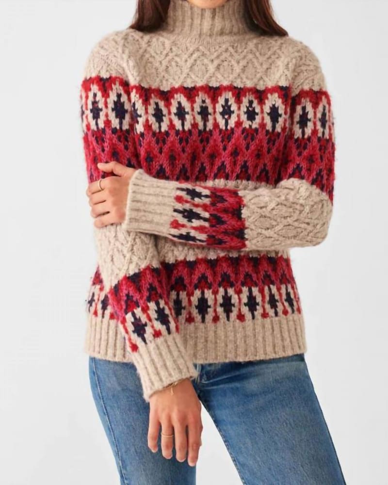 Front of a model wearing a size Large Frost Fairisle Turtleneck Sweater in Festive Pop in Festive Pop by Faherty. | dia_product_style_image_id:343663